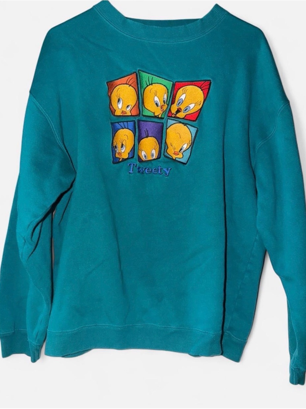 Warner Bros. Teal Crewneck Sweater with Multicolor Tweety Patch